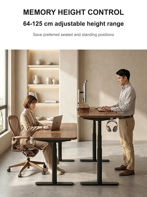 Electric standing desk with memory control and 64 to 125 cm adjustable height range