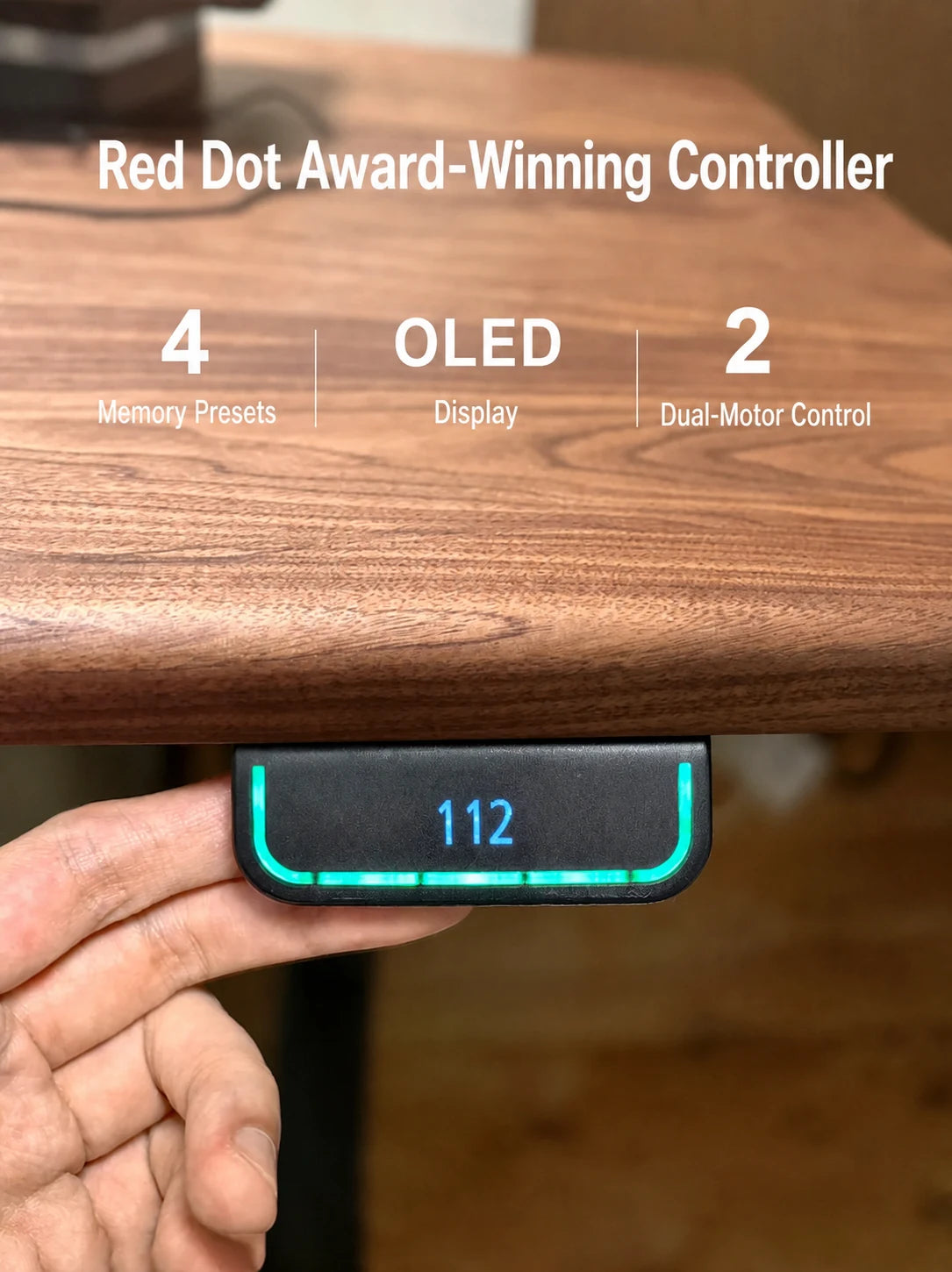 OLED memory controller on a solid wood electric standing desk