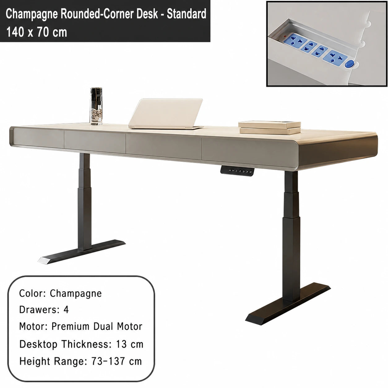 champagne rounded corner electric standing desk standard configuration 140 x 70 cm