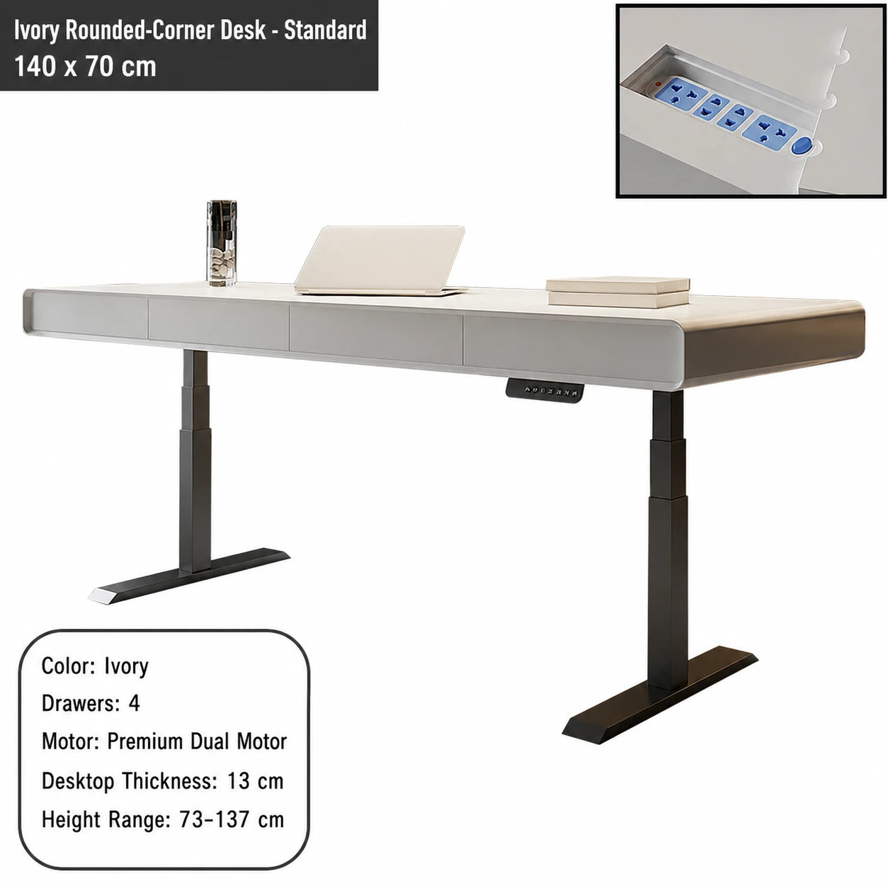 ivory rounded corner electric standing desk standard configuration 140 x 70 cm