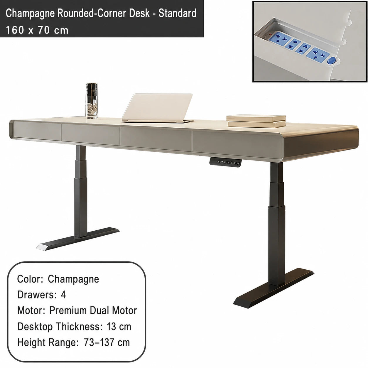 champagne rounded corner electric standing desk standard configuration 160 x 70 cm