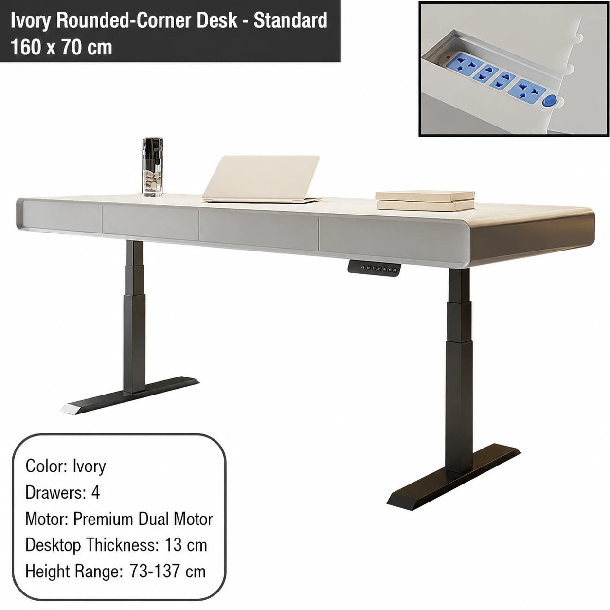 ivory rounded corner electric standing desk standard configuration 160 x 70 cm