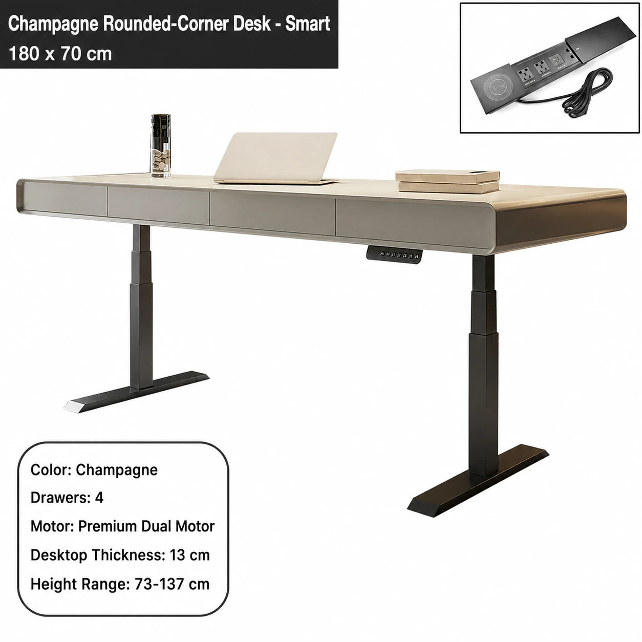 champagne rounded corner electric standing desk smart configuration 180 x 70 cm