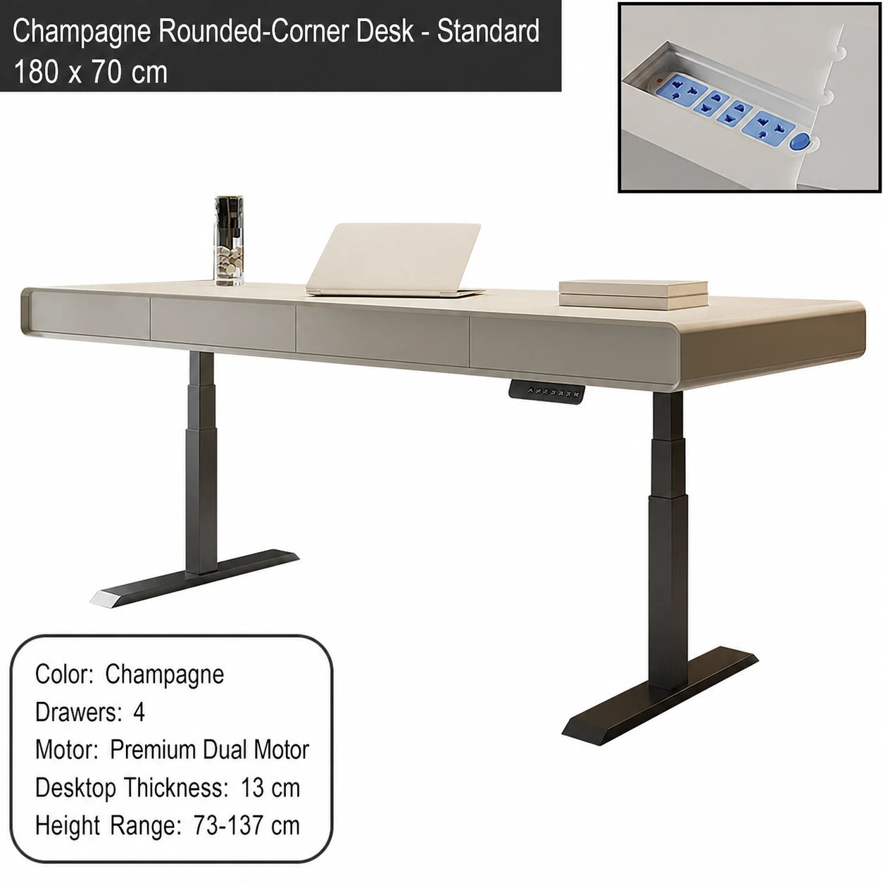 champagne rounded corner electric standing desk standard configuration 180 x 70 cm