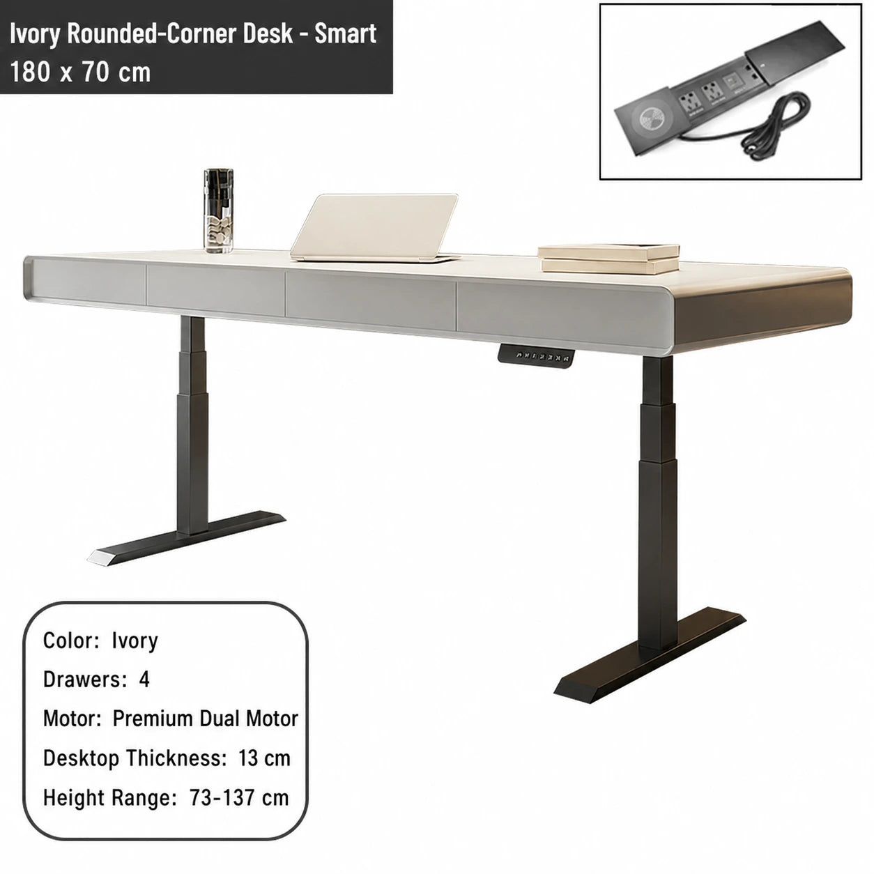 ivory rounded corner electric standing desk smart configuration 180 x 70 cm