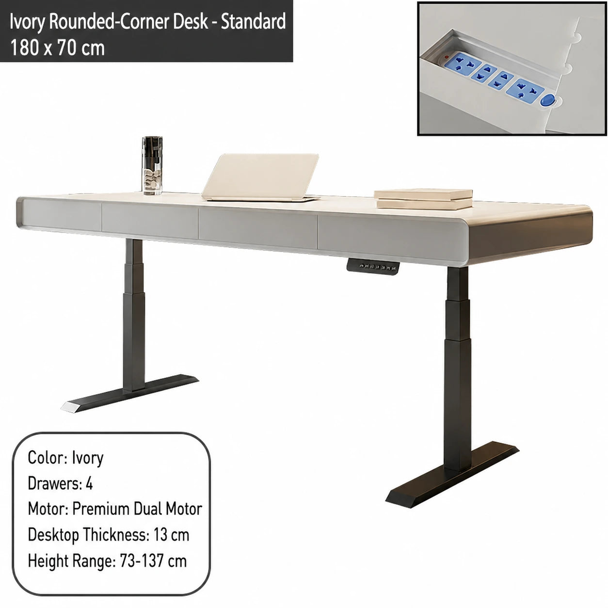 ivory rounded corner electric standing desk standard configuration 180 x 70 cm