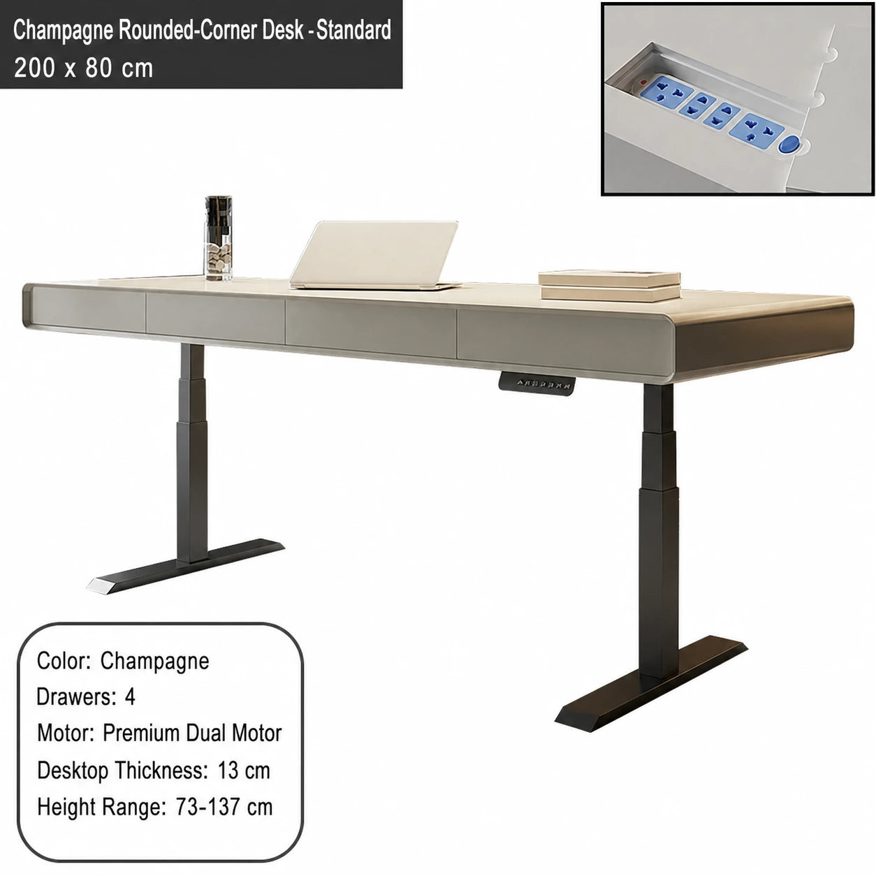 champagne rounded corner electric standing desk standard configuration 200 x 80 cm