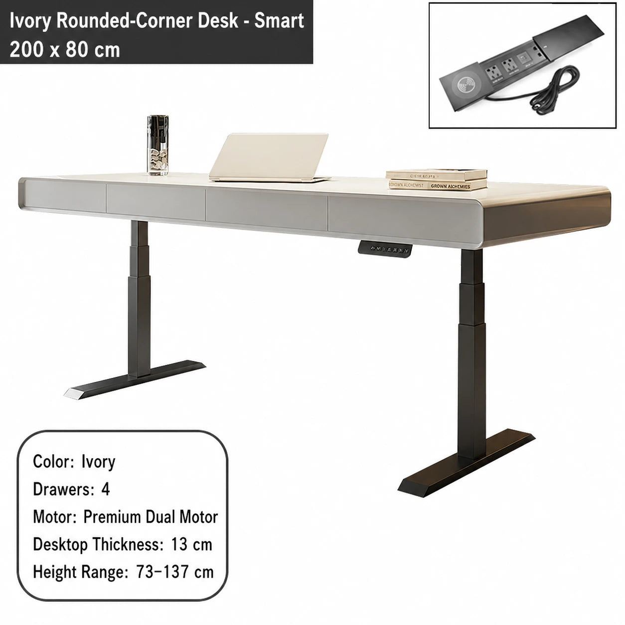 ivory rounded corner electric standing desk smart configuration 200 x 80 cm