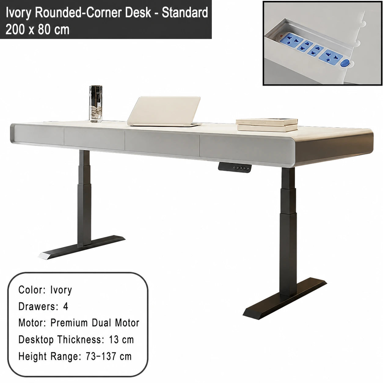 ivory rounded corner electric standing desk standard configuration 200 x 80 cm