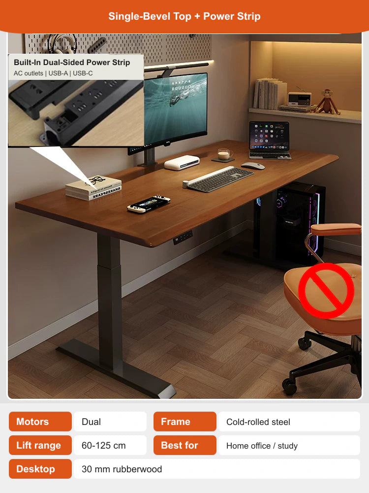 single-bevel top + power strip electric standing desk configuration