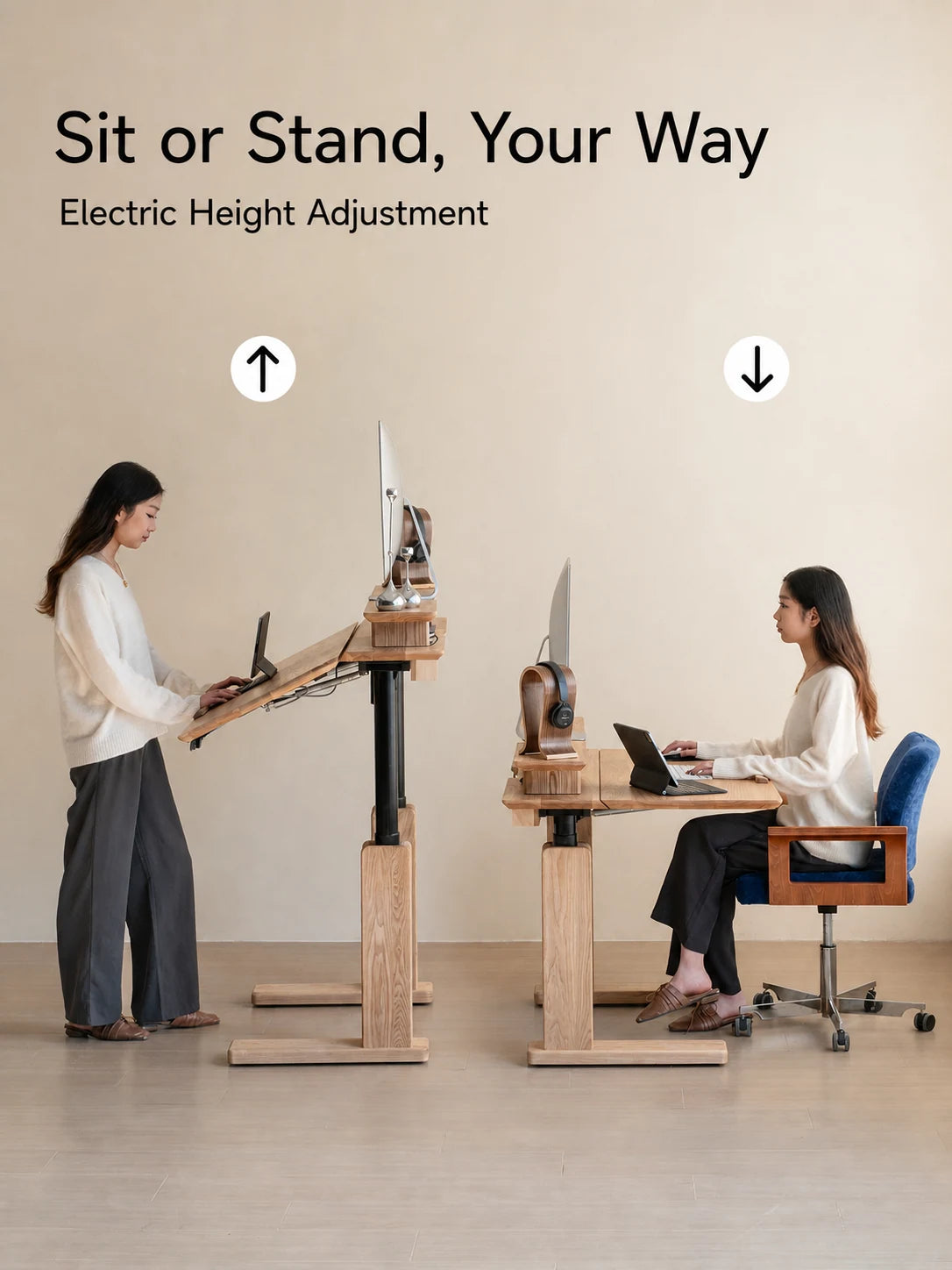 Solid wood electric standing desk shown at sitting and standing heights