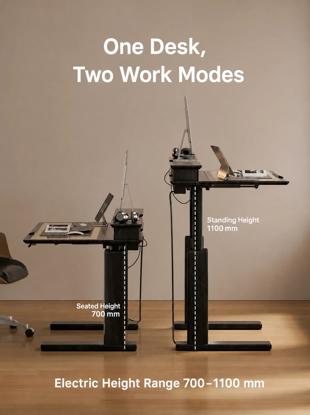 electric standing desk shown at seated and standing heights