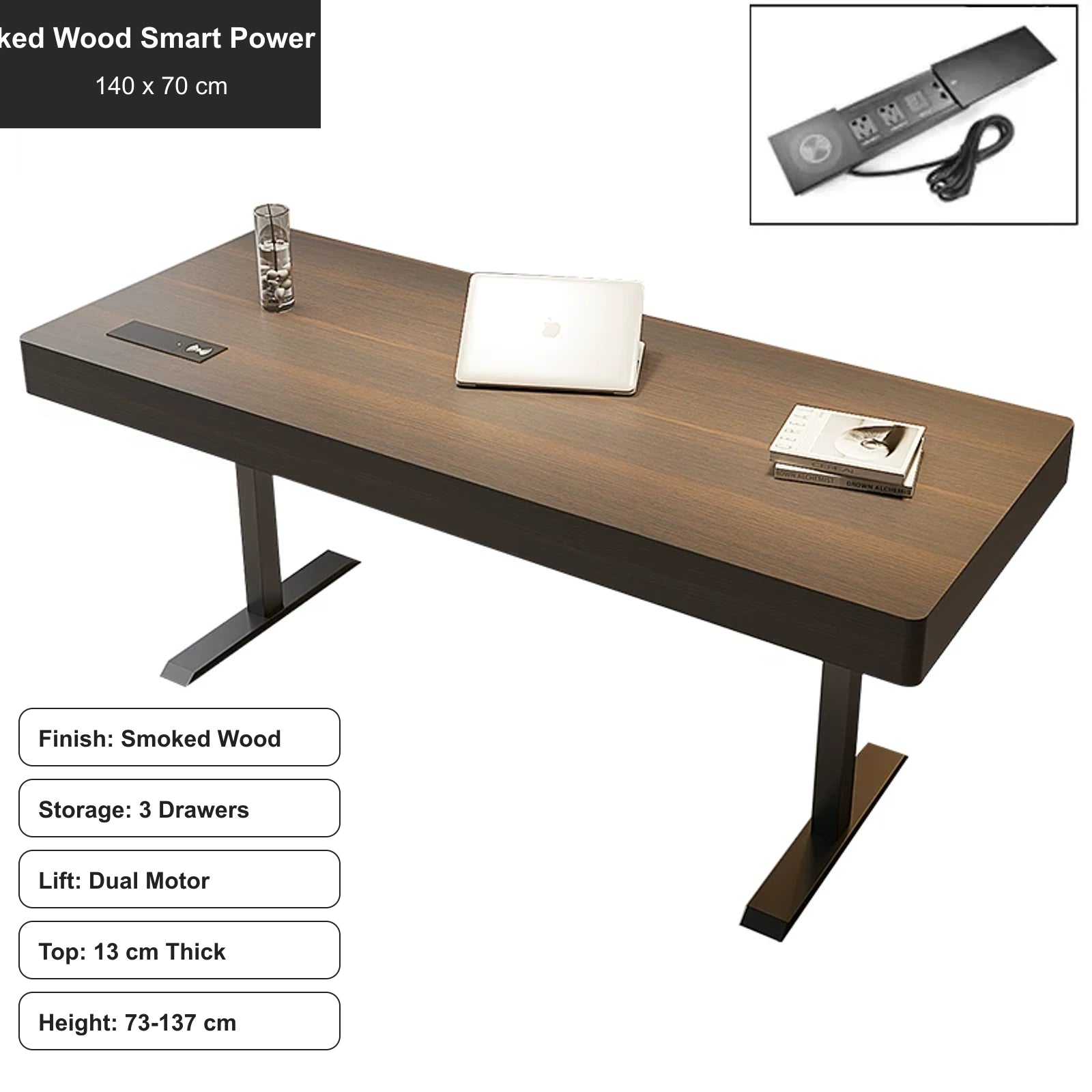 smoked wood electric standing desk with 3 drawers, smart power strip, 140 x 70 cm