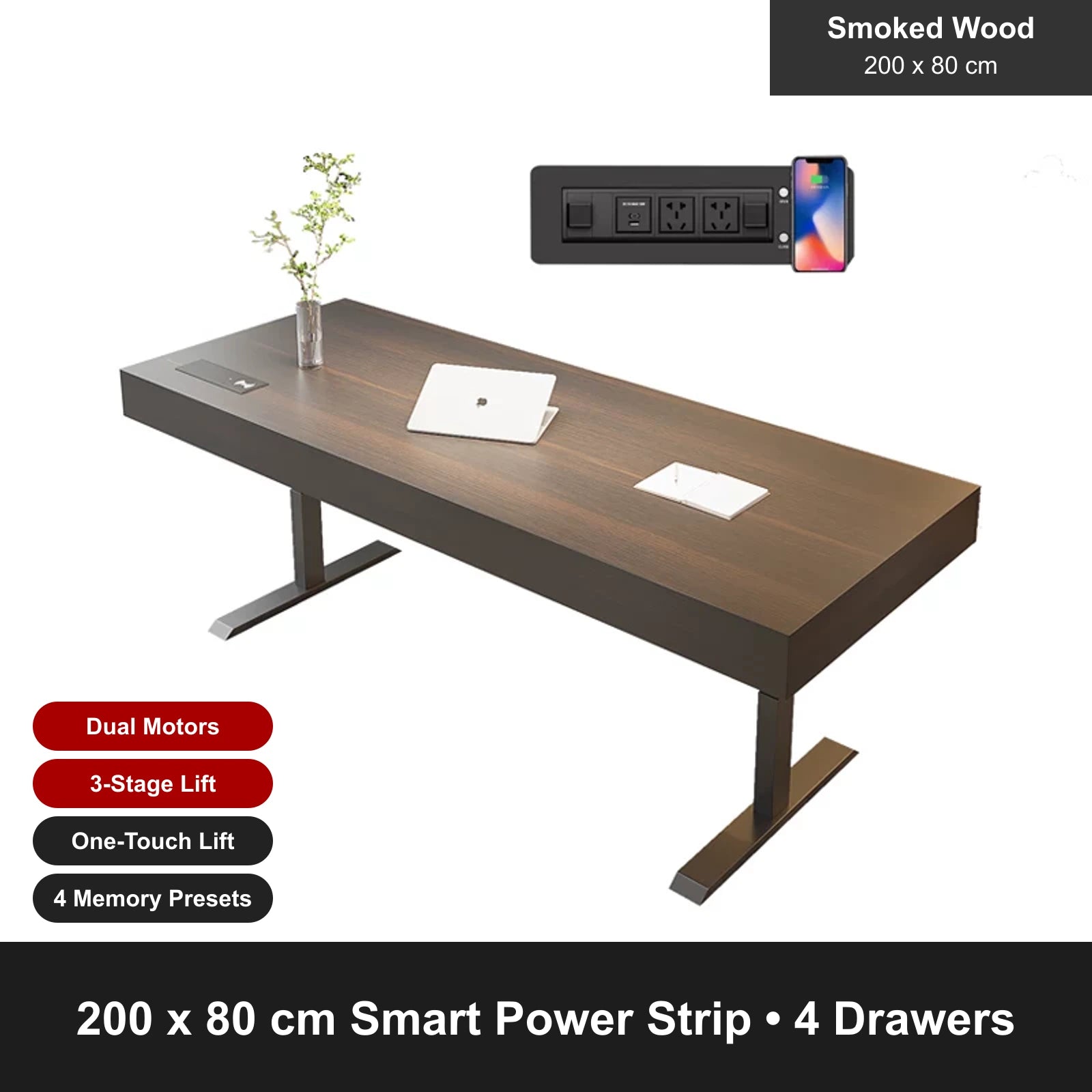 smoked wood electric standing desk, smart power strip, 200 x 80 cm, 4 drawers