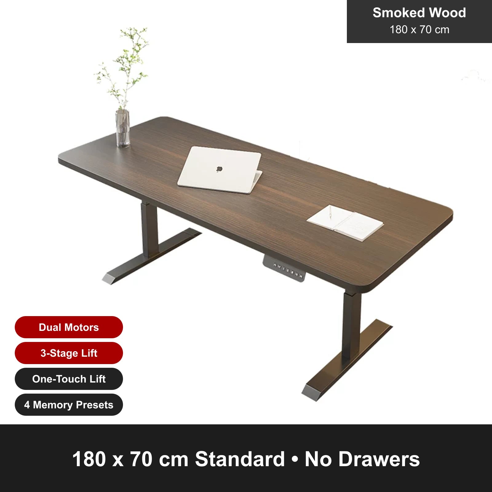 smoked wood electric standing desk, standard, 180 x 70 cm, no drawers