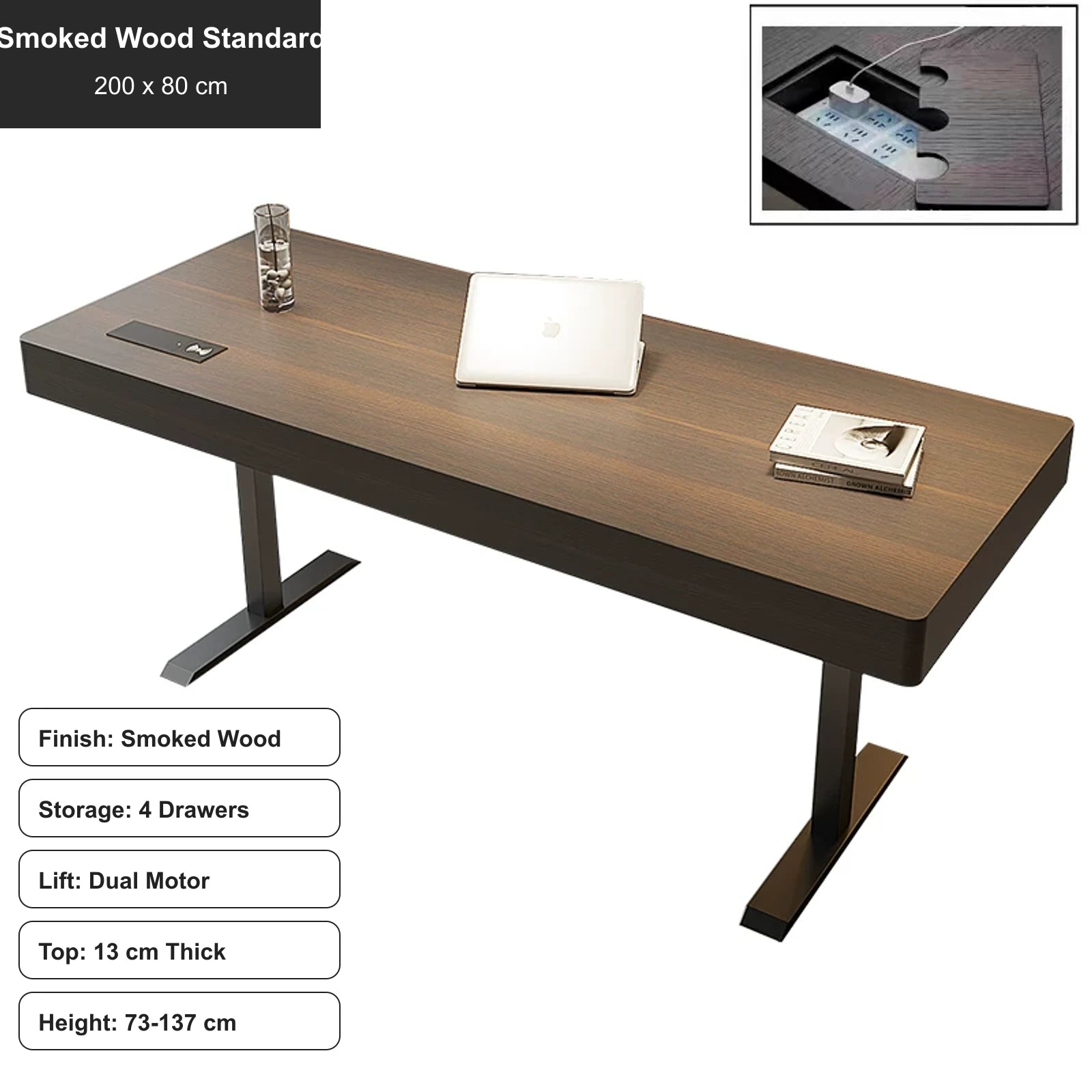 smoked wood electric standing desk with 4 drawers, standard, 200 x 80 cm