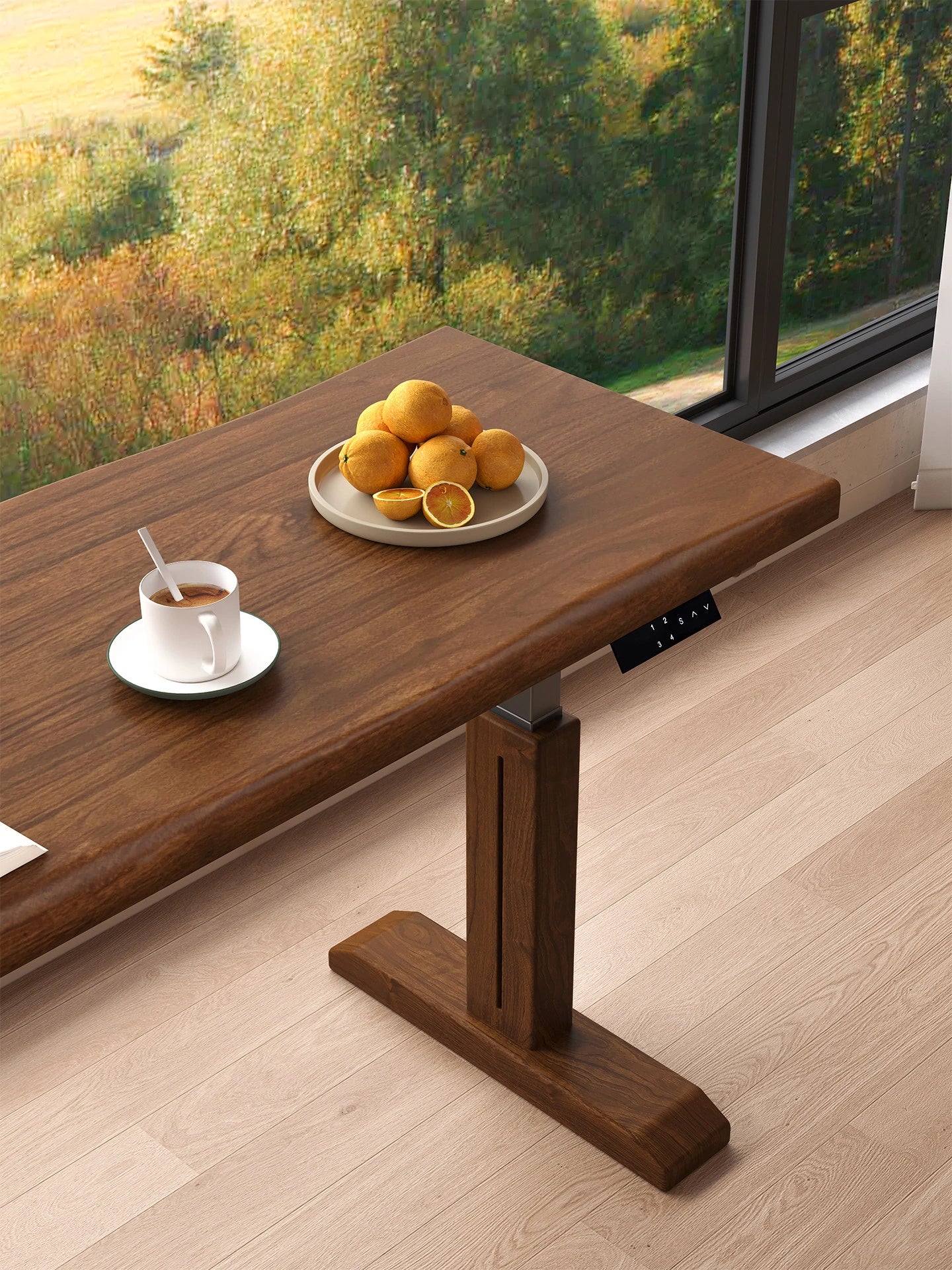 Close view of the solid wood desktop and electric height control