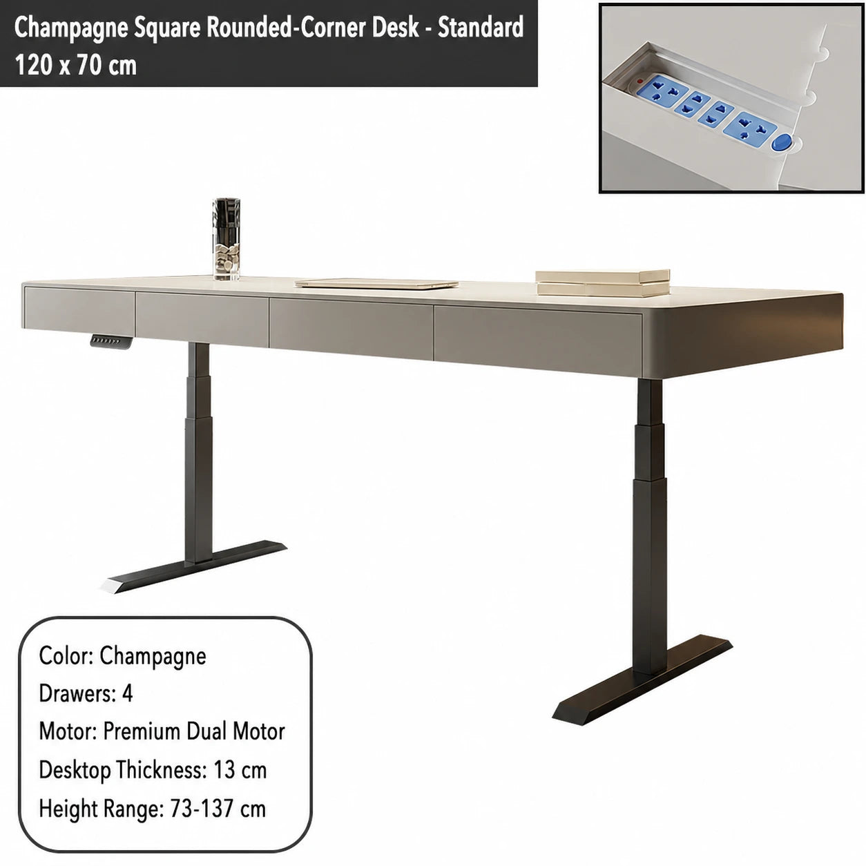 champagne square rounded corner electric standing desk standard configuration 120 x 70 cm