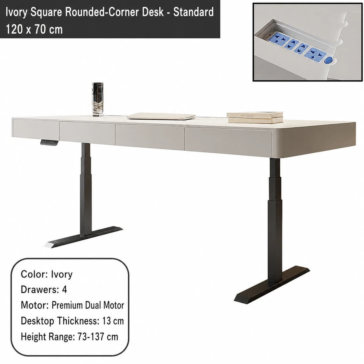 ivory square rounded corner electric standing desk standard configuration 120 x 70 cm