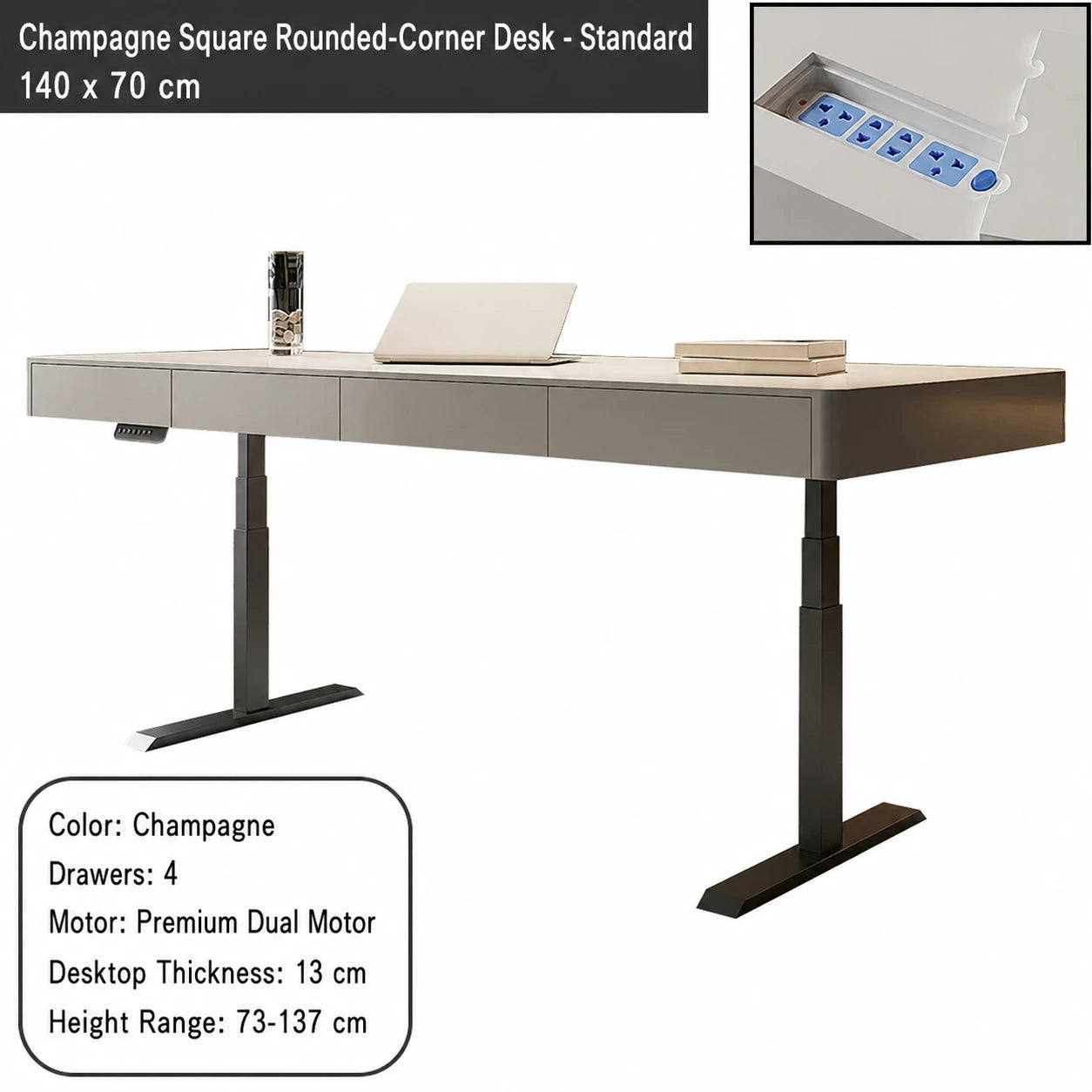 champagne square rounded corner electric standing desk standard configuration 140 x 70 cm