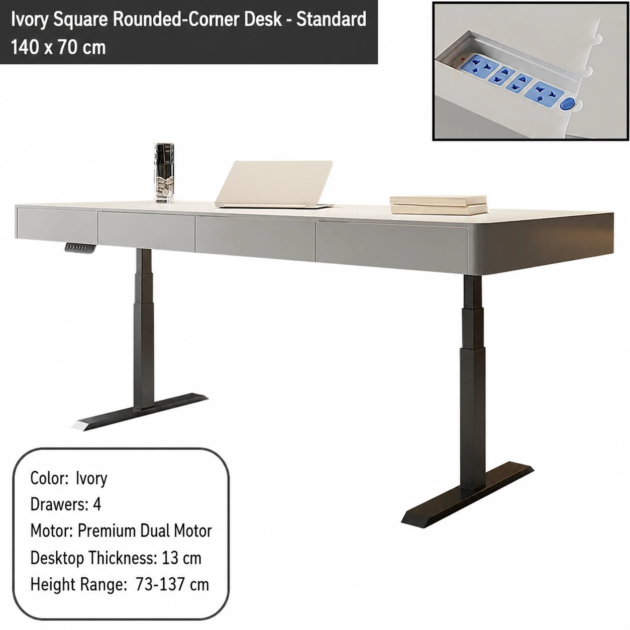 ivory square rounded corner electric standing desk standard configuration 140 x 70 cm