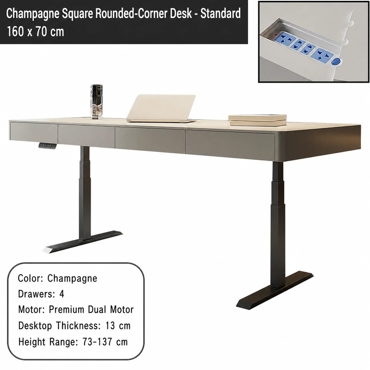 champagne square rounded corner electric standing desk standard configuration 160 x 70 cm