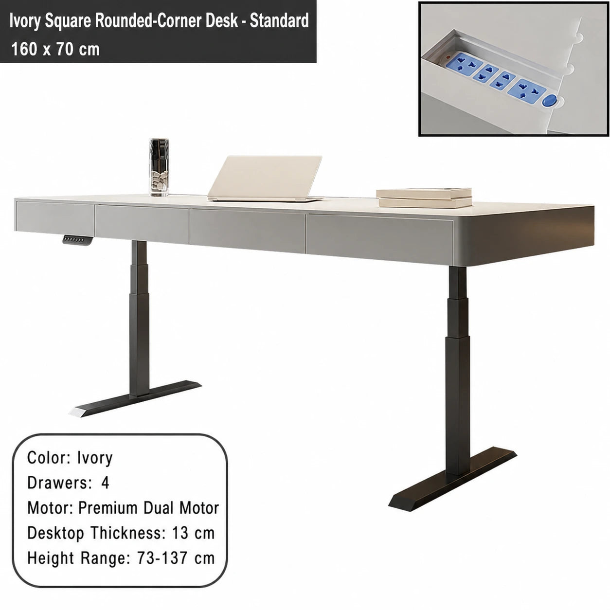 ivory square rounded corner electric standing desk standard configuration 160 x 70 cm