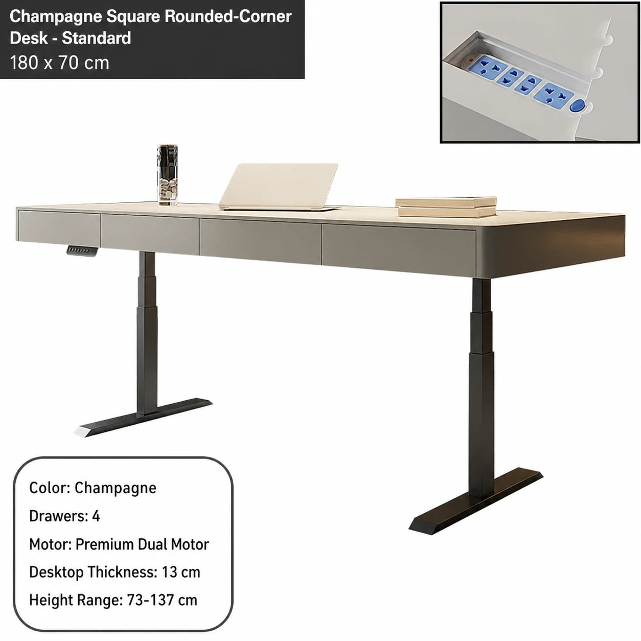 champagne square rounded corner electric standing desk standard configuration 180 x 70 cm