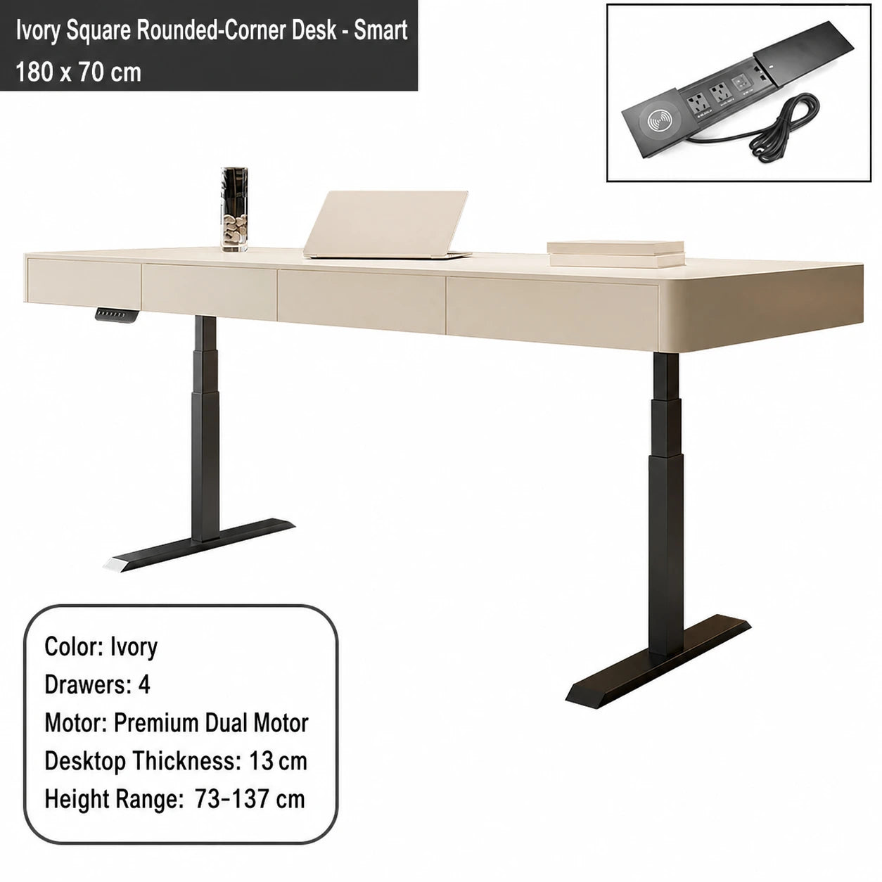 ivory square rounded corner electric standing desk smart configuration 180 x 70 cm
