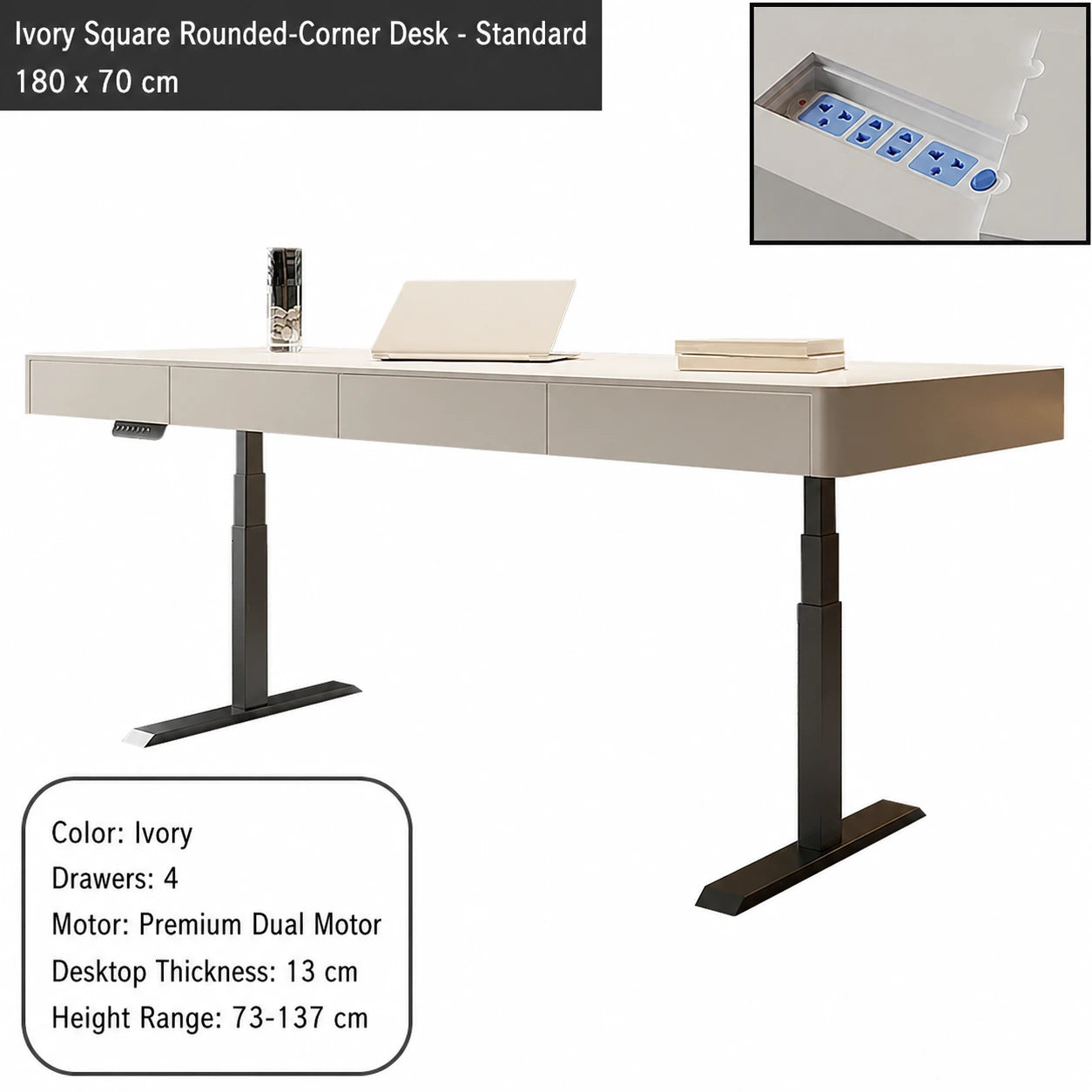ivory square rounded corner electric standing desk standard configuration 180 x 70 cm