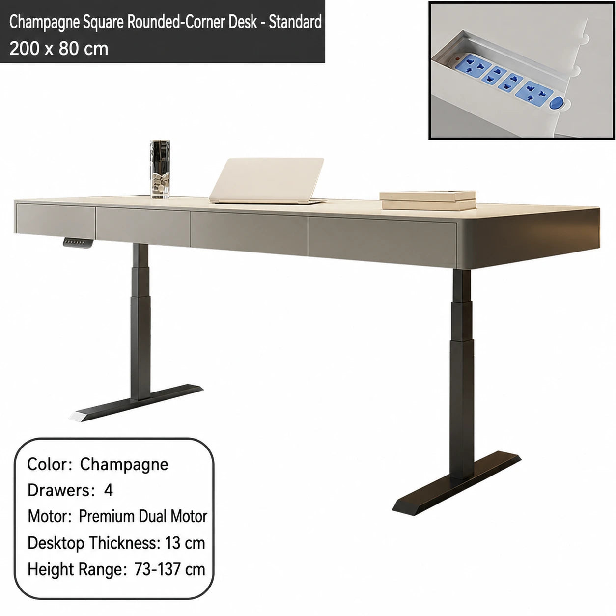 champagne square rounded corner electric standing desk standard configuration 200 x 80 cm
