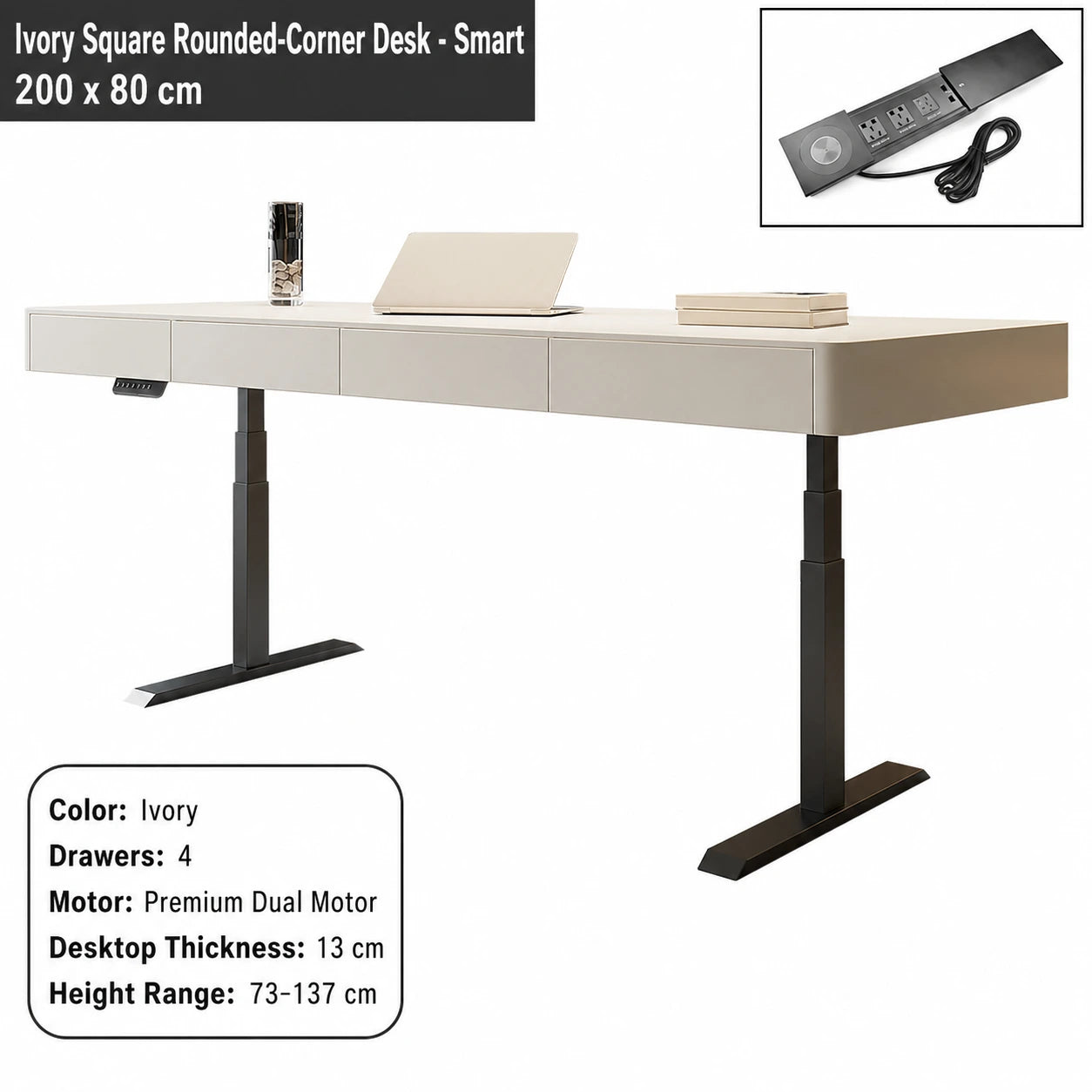ivory square rounded corner electric standing desk smart configuration 200 x 80 cm