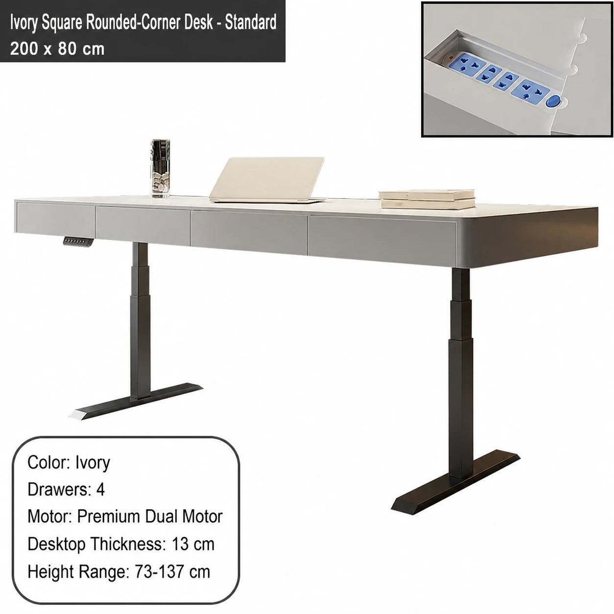 ivory square rounded corner electric standing desk standard configuration 200 x 80 cm