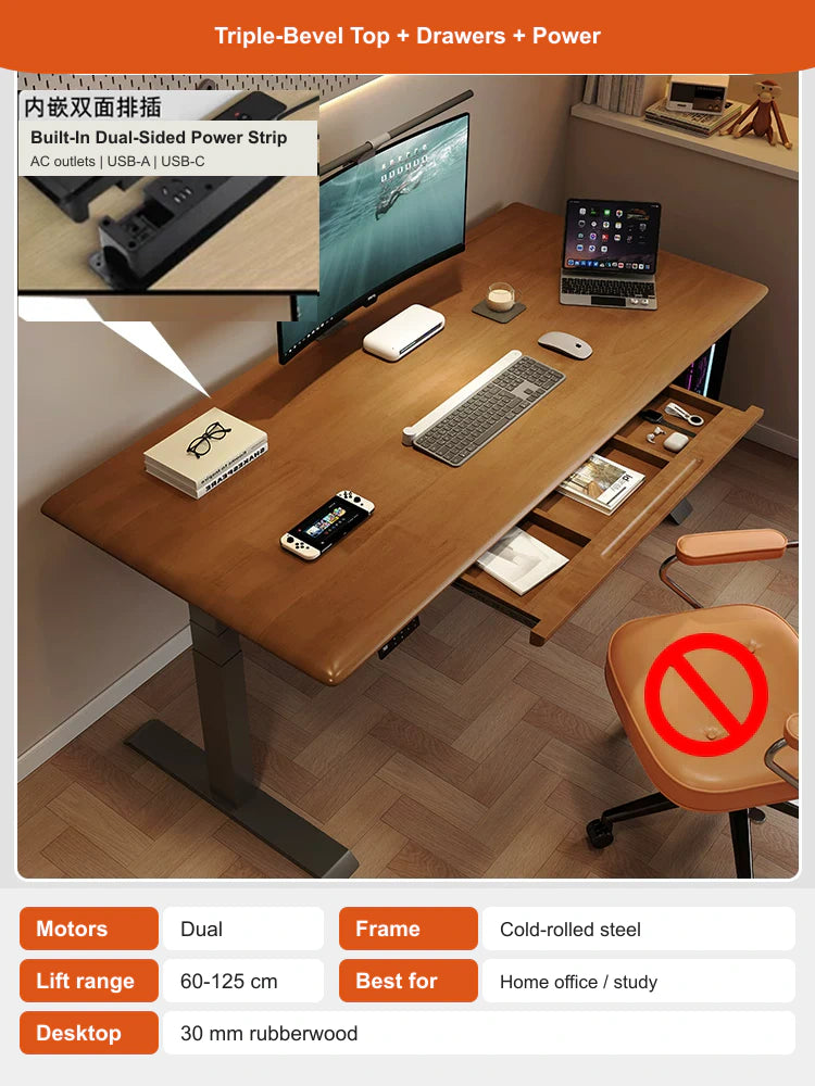 triple-bevel top + drawers + power electric standing desk configuration
