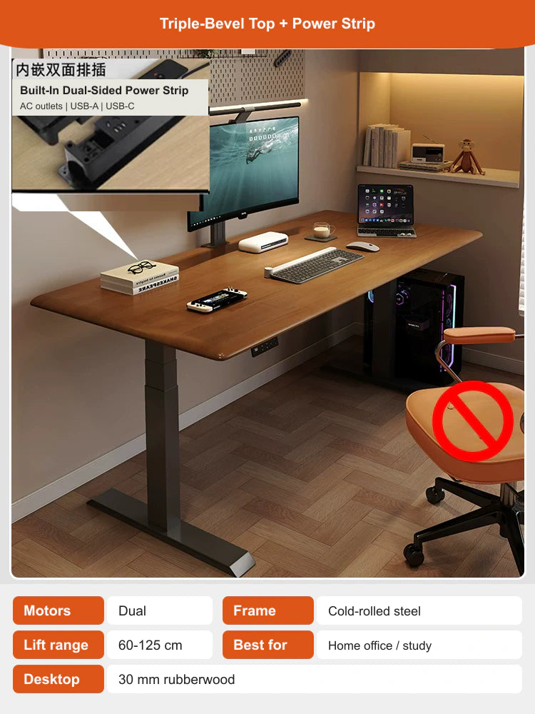 triple-bevel top + power strip electric standing desk configuration