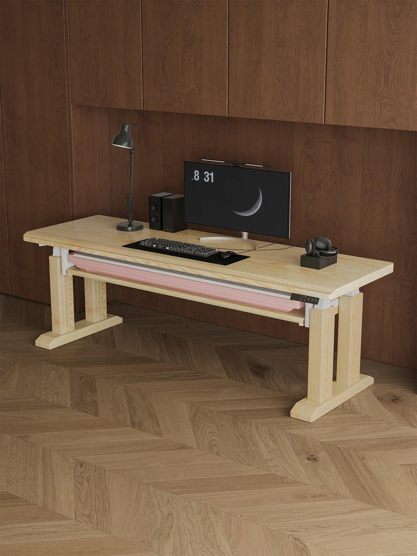 White ash electric standing desk for a modern office
