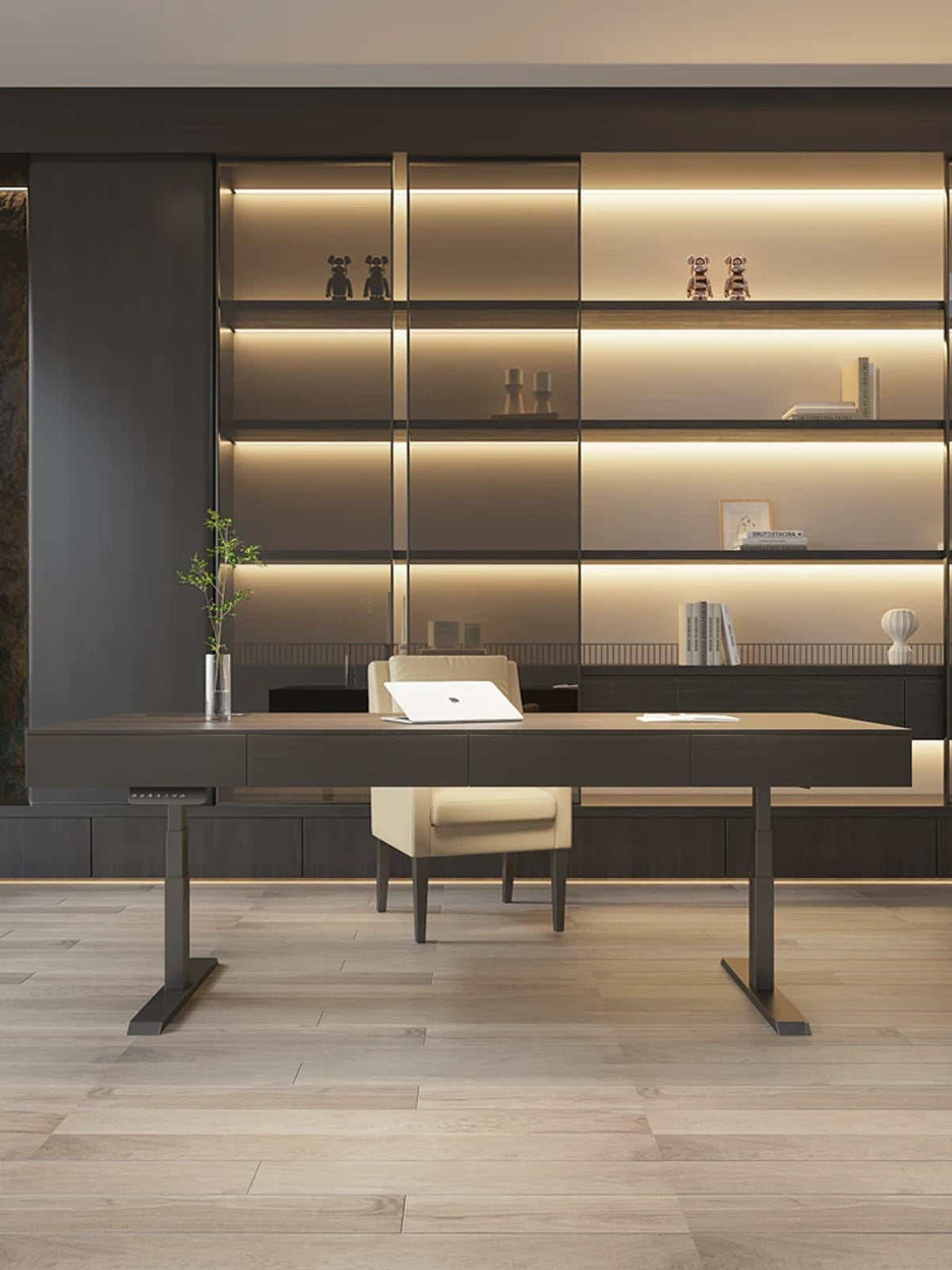 electric standing desk with drawers in a modern executive office