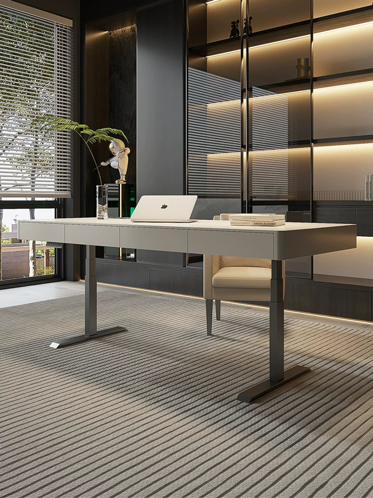 electric standing desk with drawers in a modern office