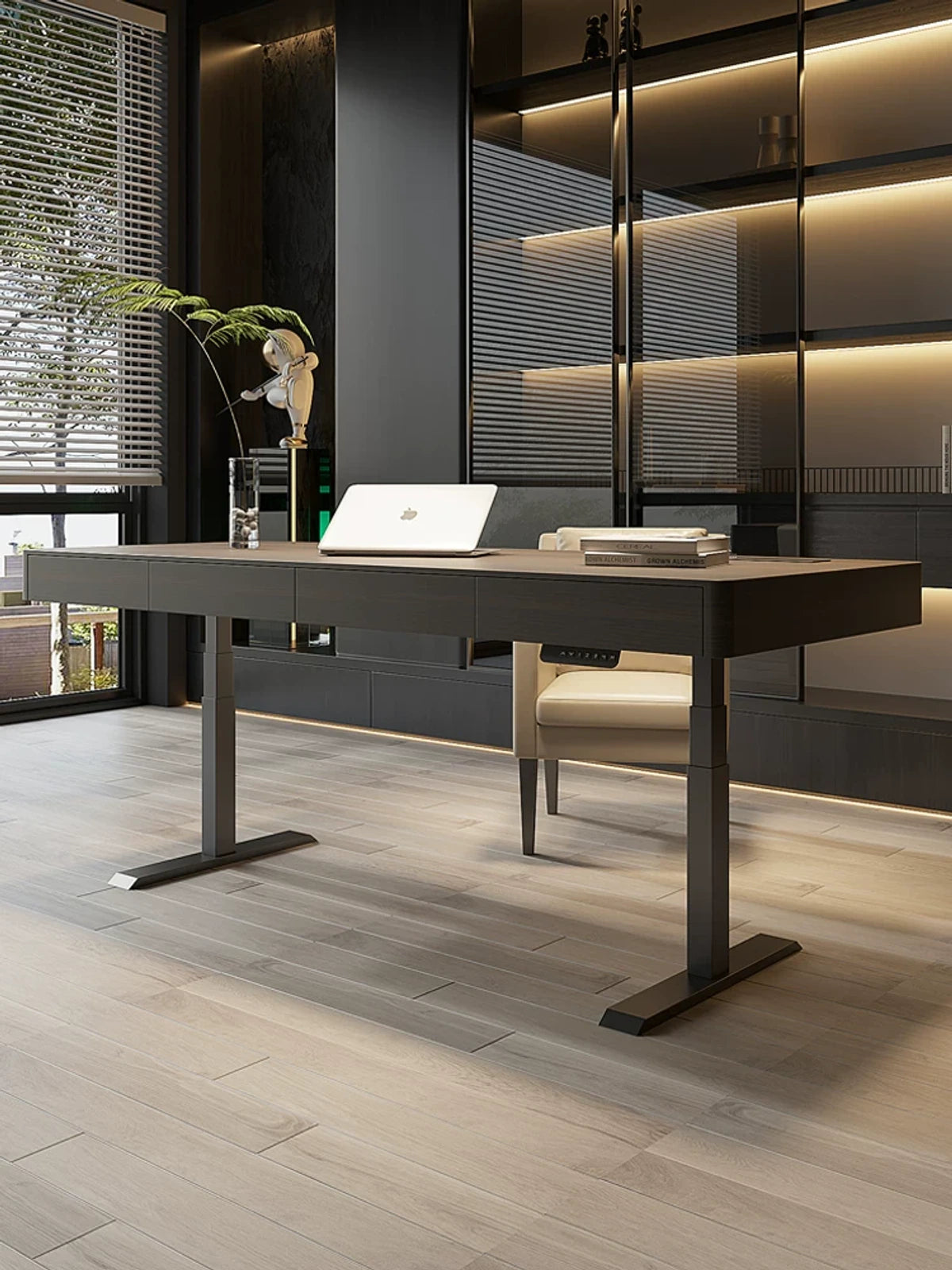 electric standing desk with drawers in a modern office