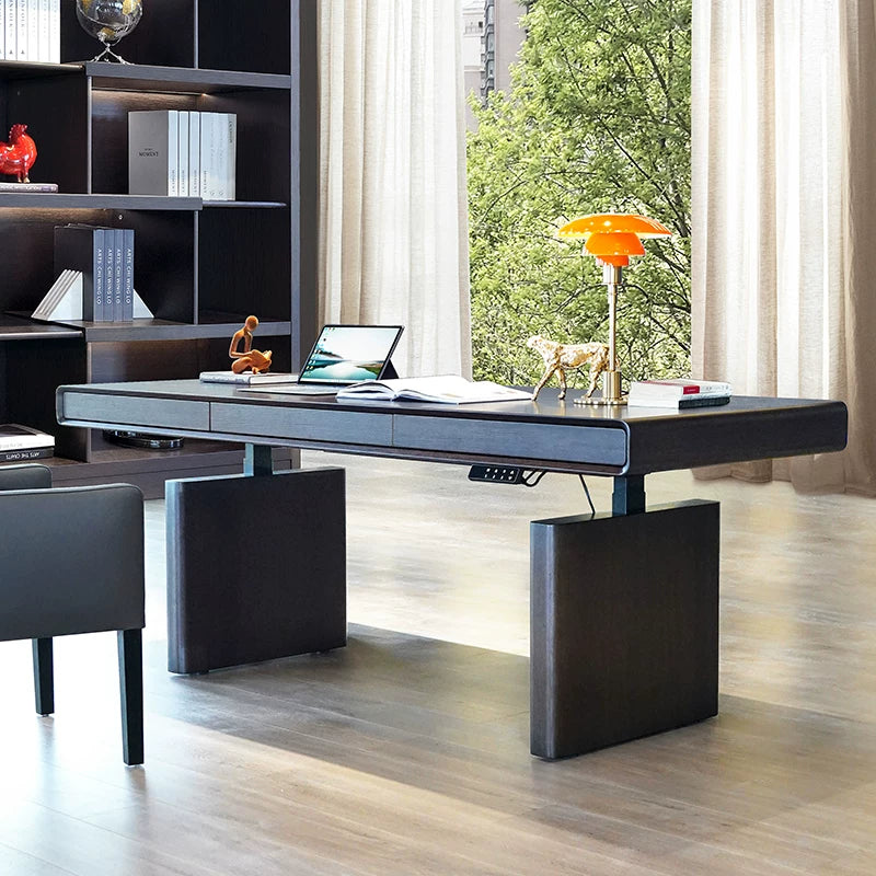 electric standing desk with integrated drawers and black oak desktop