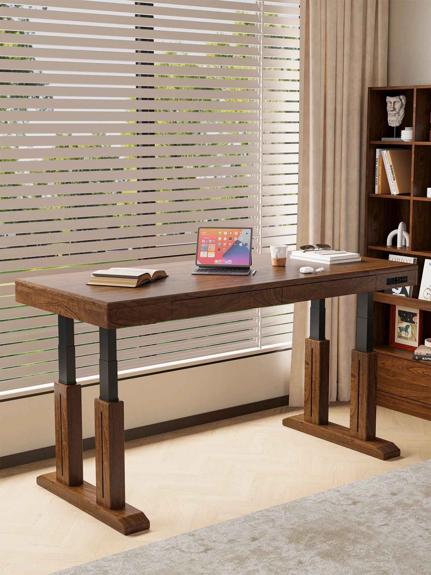 Electric standing desk with integrated desktop power strip