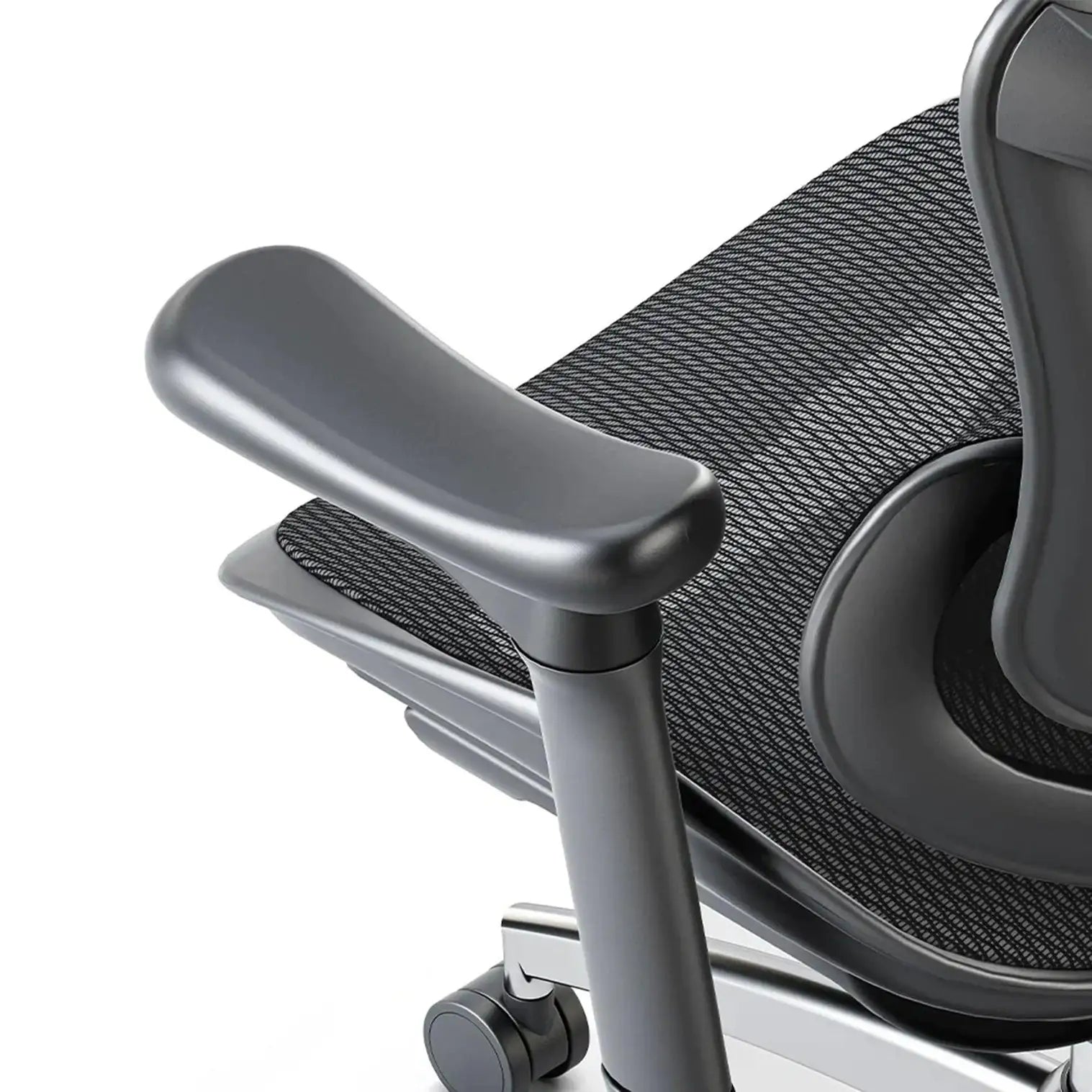 Back view of a white mesh ergonomic chair highlighting the adjustable lumbar support system for back health.