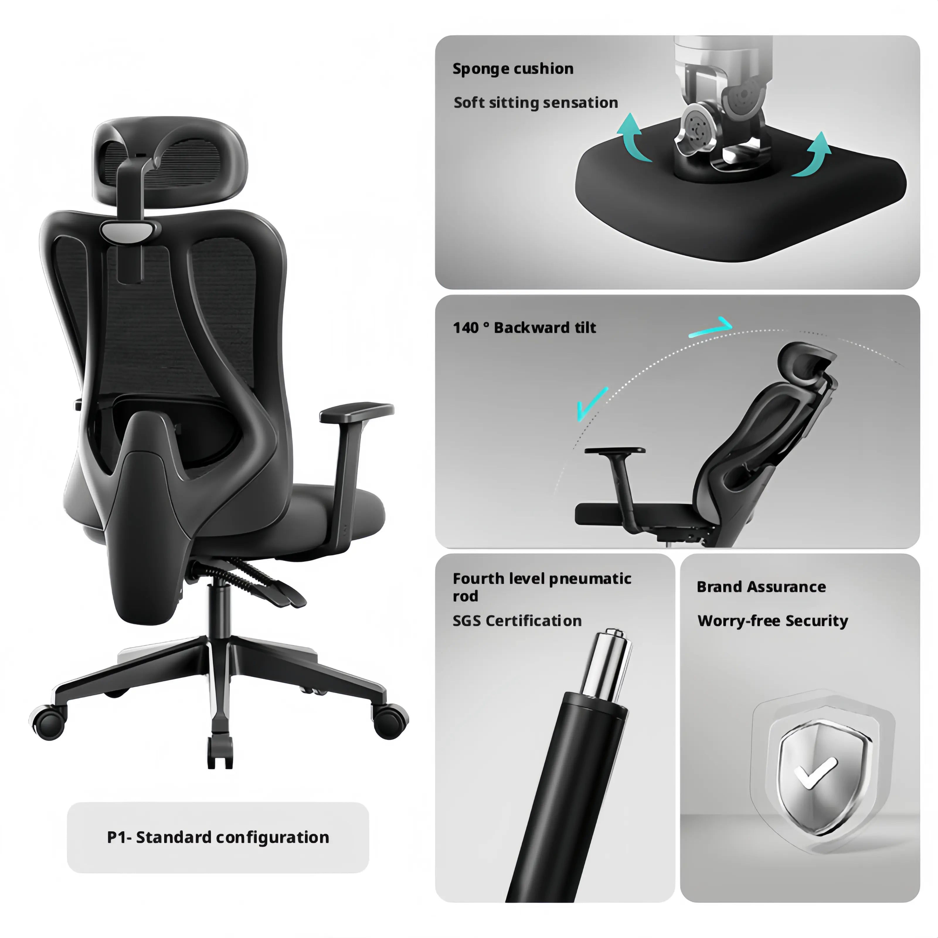 Adjustable 2D headrest on an ergonomic office chair for neck support.