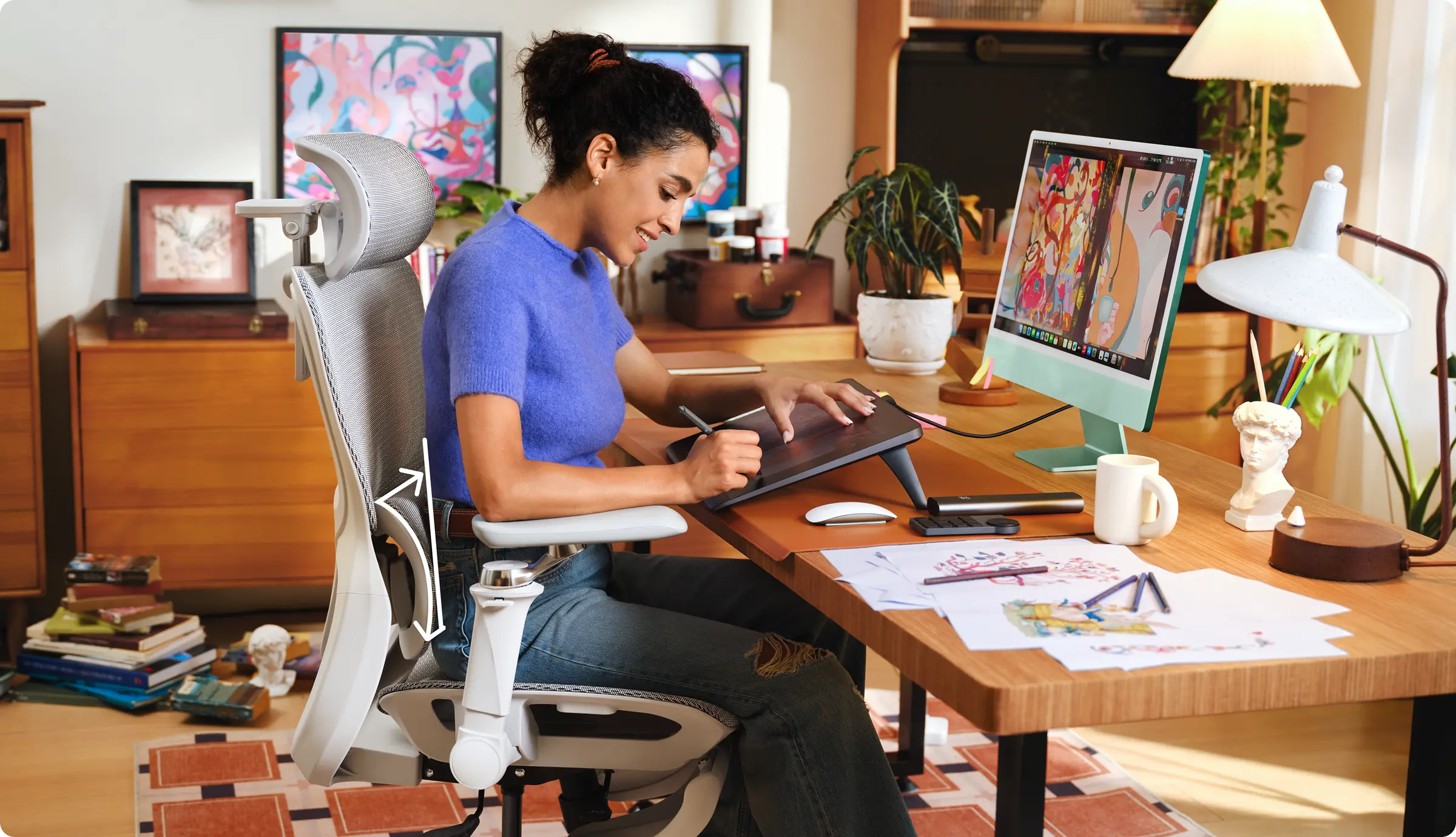 "Focus on your creation; let our ergonomic office chair provide the ultimate support you need."