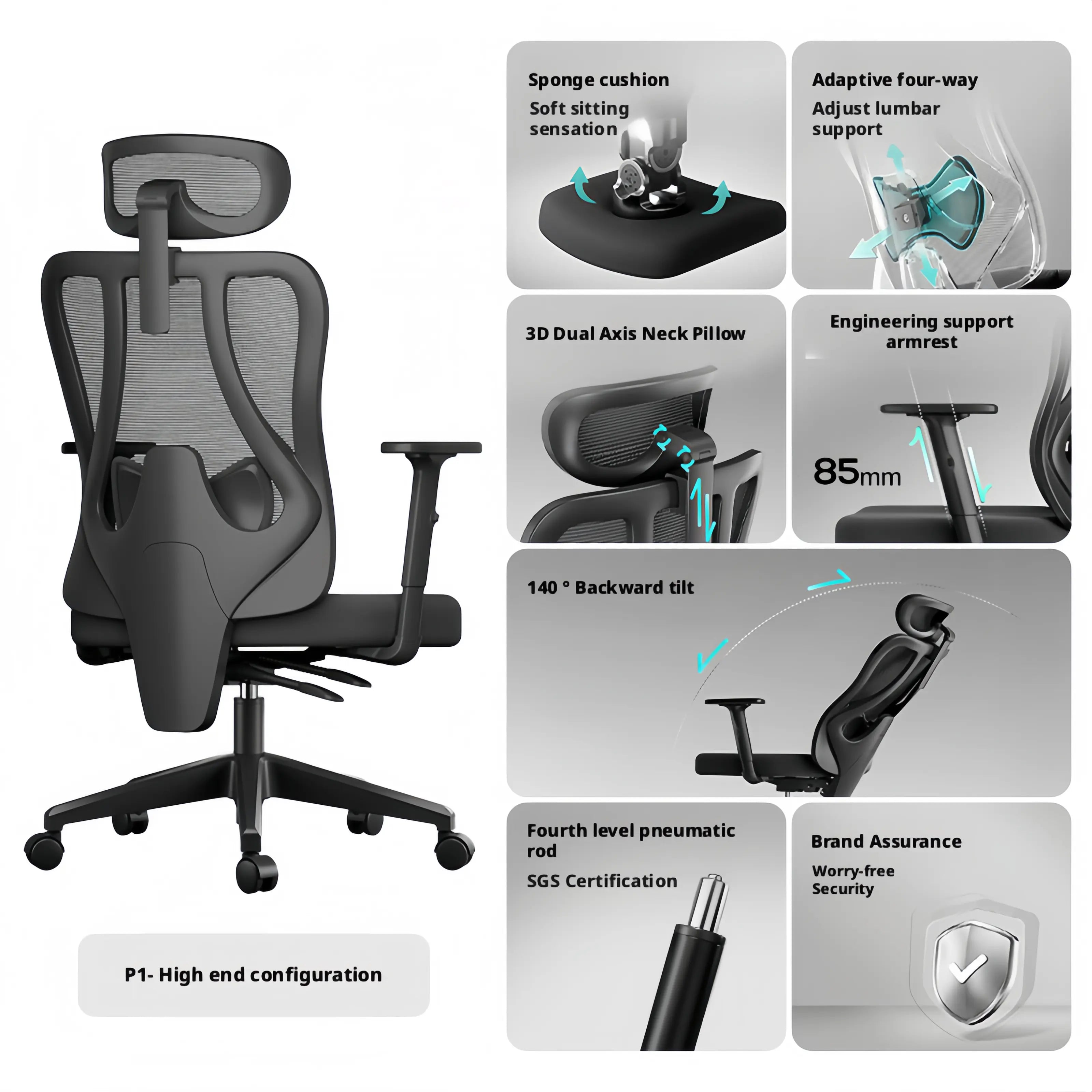 Ergonomic office chair with 140-degree reclining function for office naps.
