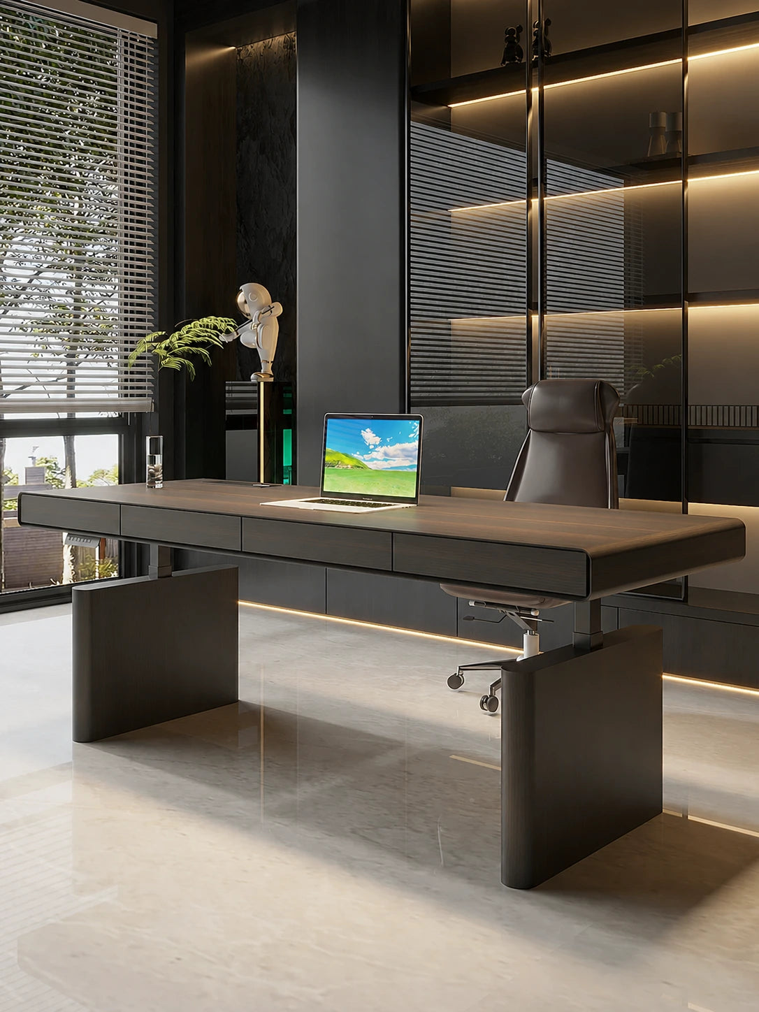 dual motor executive standing desk with drawers in a modern office
