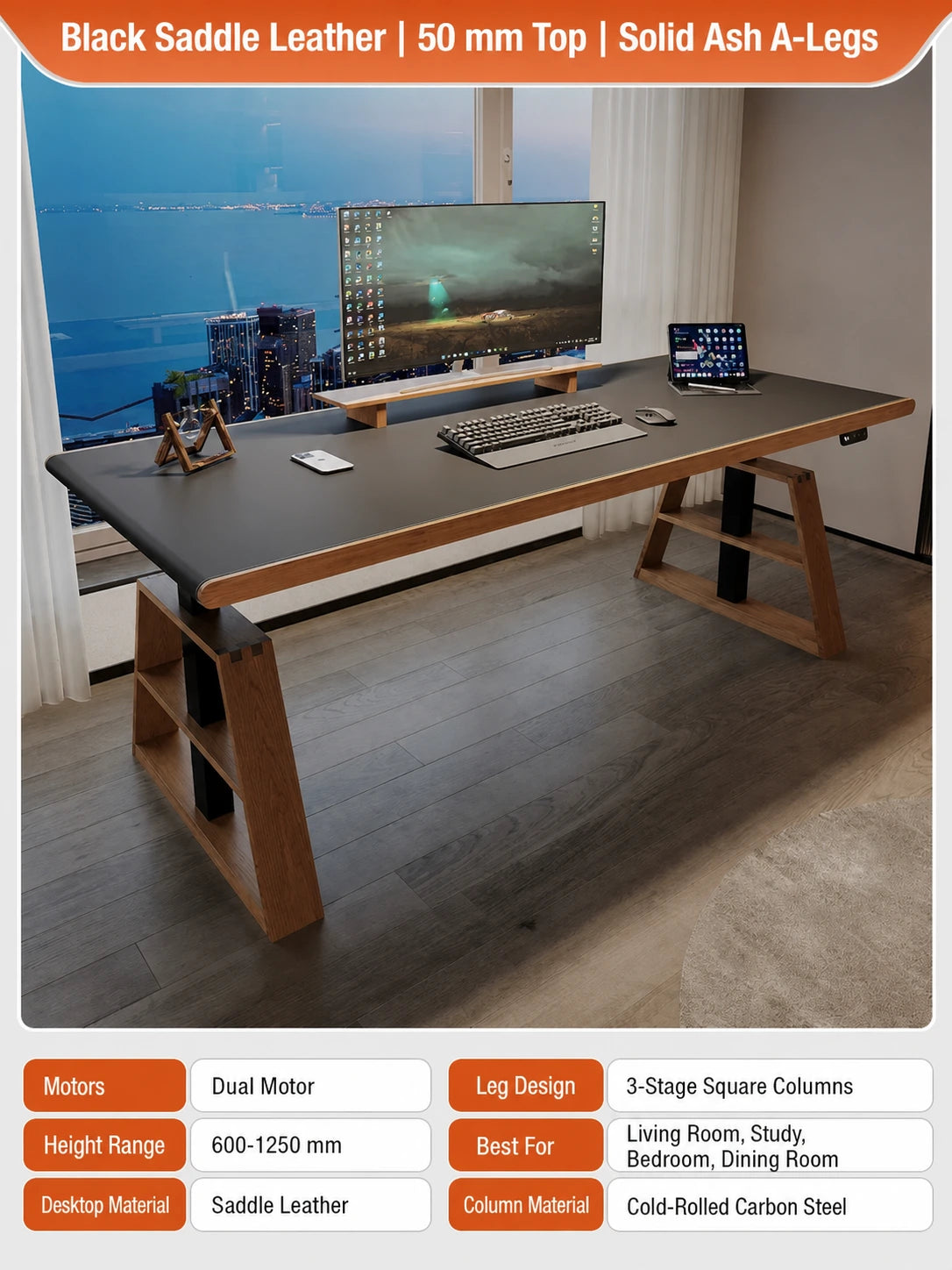 Black saddle leather executive electric standing desk with solid ash A-legs