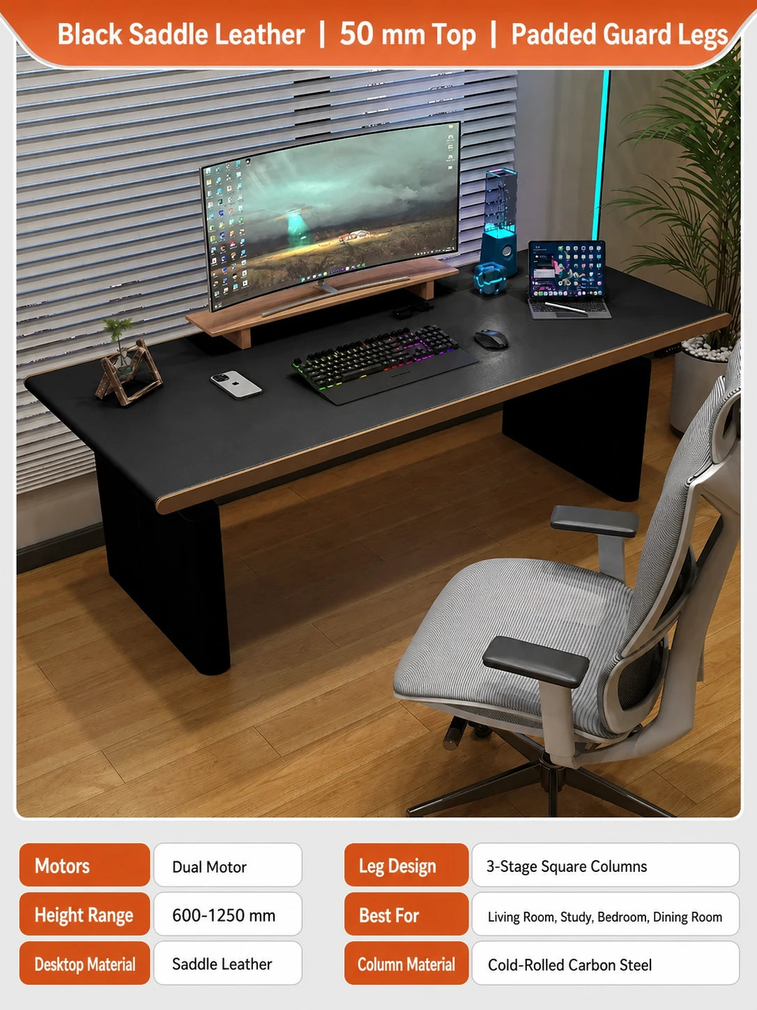 Black saddle leather executive electric standing desk with padded guard legs