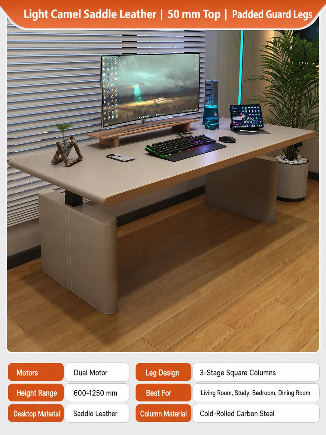 Light camel saddle leather executive electric standing desk with padded guard legs