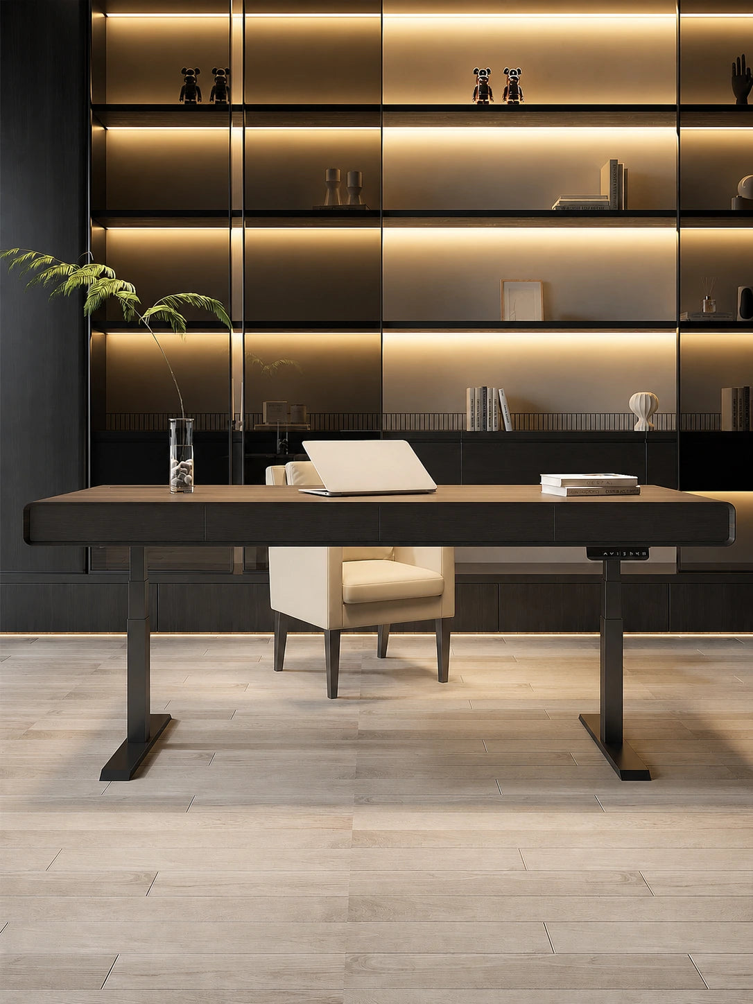 front view of an executive electric standing desk with integrated drawers
